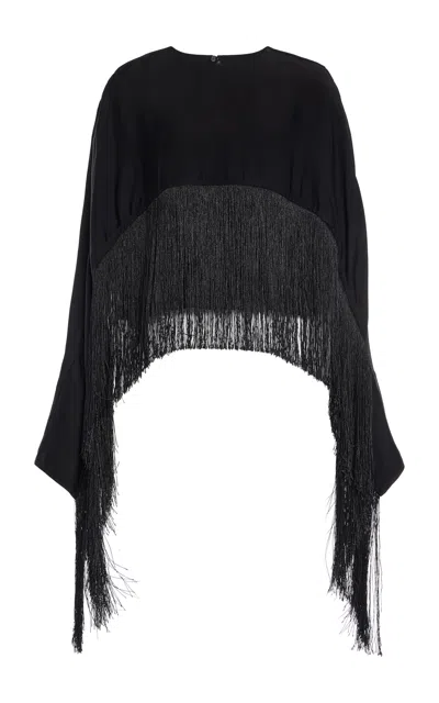 Co Fringe Satin Cape Top In Black