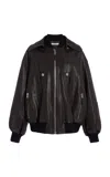 Co Gathered Leather Bomber Jacket In Brown