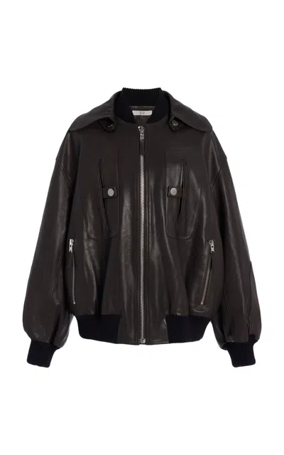 Co Gathered Leather Bomber Jacket In Brown