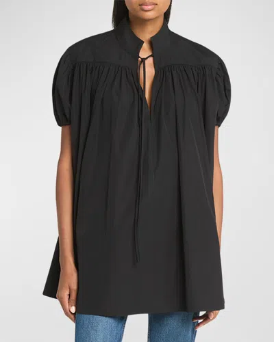 Co Gathered Short-sleeve Tton Tunic Top In Black