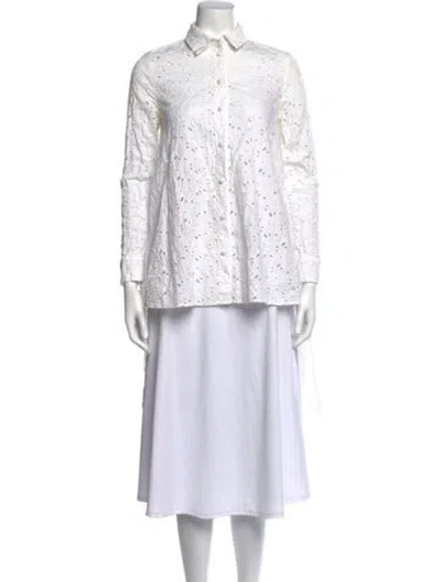 Pre-owned Co Lace Pattern Long Sleeve Button-up Top In White