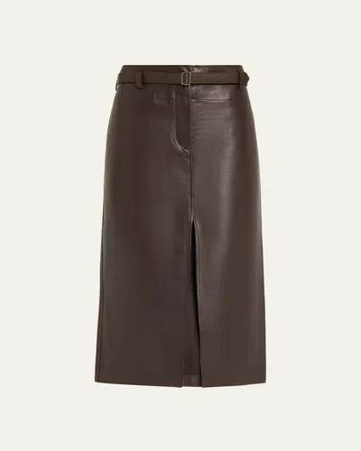 Co Leather Belted Front Split Midi Skirt In Cholate