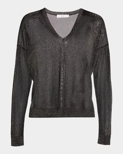CO METALLIC SHEER KNIT V-NECK SWEATER