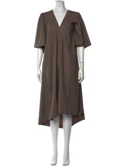 Pre-owned Co Plaid Print Midi Length Dress In Brown