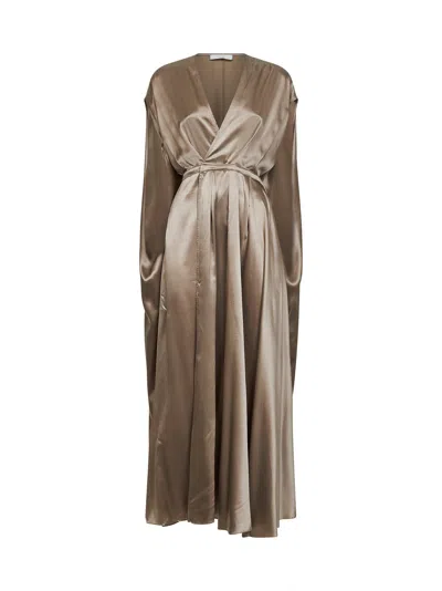 Co Sesame Silk Charmeuse Caped Back Dress In Brown