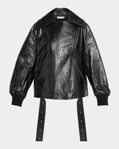 Co Shiny Crinkle Leather Oversized Bomber Jacket In Black