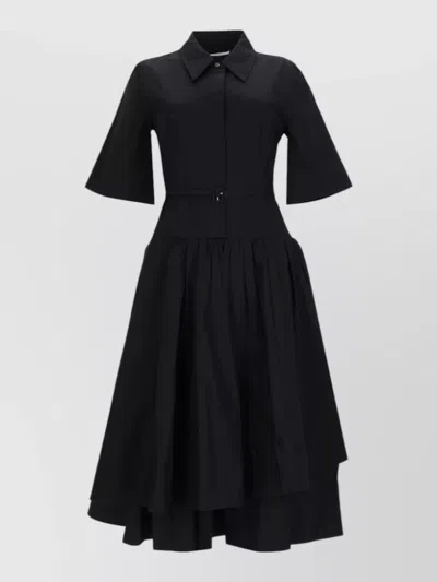 Co Short Sleeve Dress Belted Waist Flared Skirt In Black