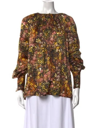 Pre-owned Co Silk Floral Print Blouse In Brown
