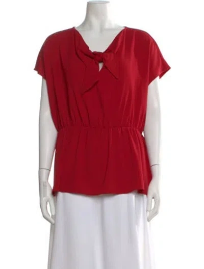 Pre-owned Co Tie Neck Short Sleeve Blouse In Red