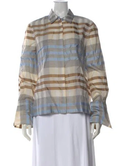 Pre-owned Co Virgin Wool Plaid Print Button-up Top In Blue