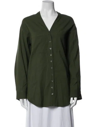 Pre-owned Co V-neck Long Sleeve Button-up Top In Green
