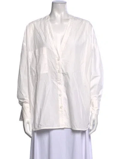 Pre-owned Co V-neck Long Sleeve Button-up Top In White