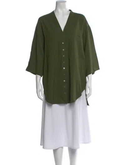 Pre-owned Co V-neck Three-quarter Sleeve Button-up Top In Green