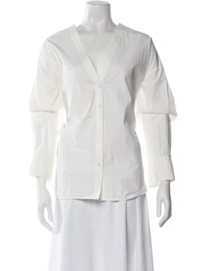 Pre-owned Co V-neck Three-quarter Sleeve Button-up Top In White