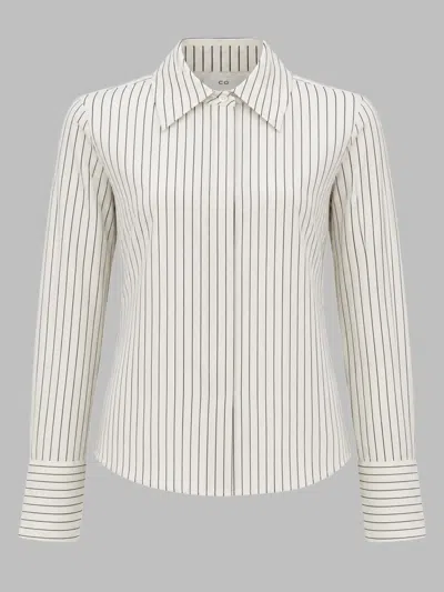 Co Long Sleeve Striped Shirt Curved Hem In Neutral