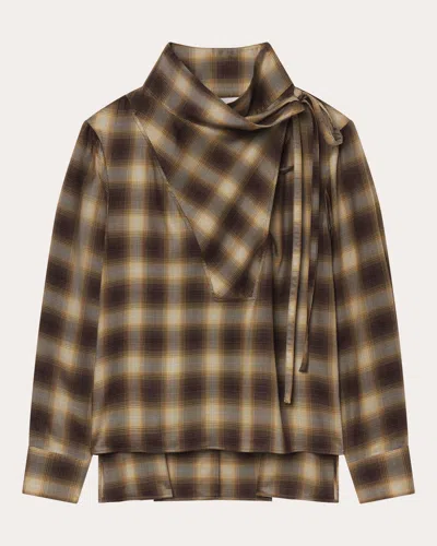 Co Women's Plaid Asymmetric Drape Workwear Shirt In Brown