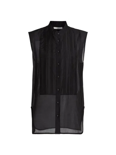 Co Women's Sheer Tton-silk Sleeveless Tuxedo Shirt In Black