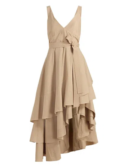 Co Asymmetric Tiered Ruffle Midi Tank Dress In Neutral