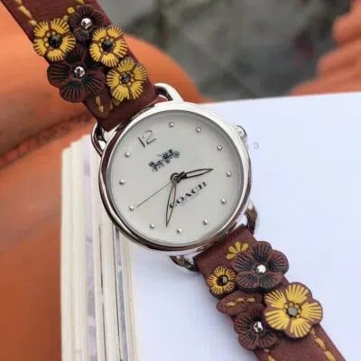 Pre-owned Coach 14502761 Delancey White Dial Brown Leather Analog Quartz Ladies Watch