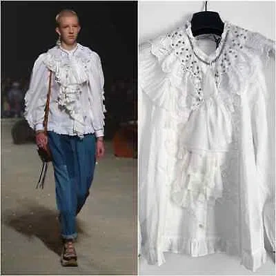 Pre-owned Coach 1941 | Prairie Ruffle Blouse Layered Studded Cotton Linen Blend Sz 4 In White