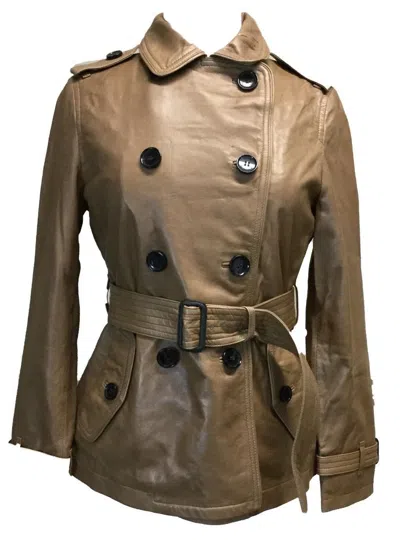 Pre-owned Coach 82384 Womens Alexis Lamb Leather Trench Coat Belted Lined Jacket Black Tan In Beige
