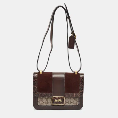 Pre-owned Coach Alie Dark Brown/beige Jacquard Canvas Suede And Snake Trim Shoulder Bag