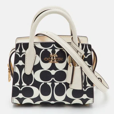 Pre-owned Coach Andrea Carryall Mini White/black Signature Coated Canvas And Leather Satchel