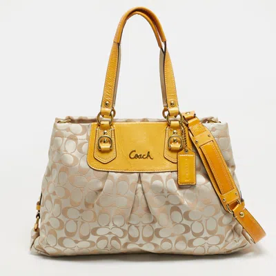 Pre-owned Coach Ashley Mustard/beige Signature Fabric And Patent Leather Shoulder Bag In Yellow