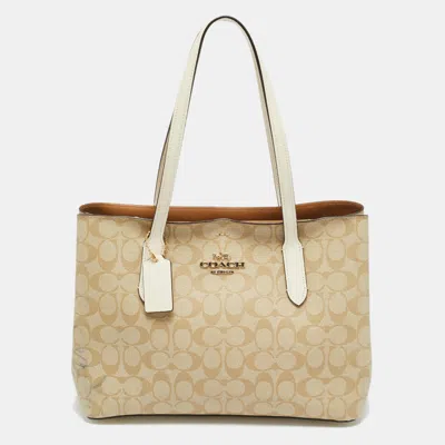 Coach Avenue Beige/white Signature Coated Canvas Tote In Brown