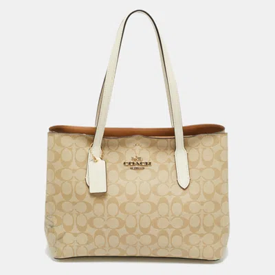 Pre-owned Coach Avenue Beige/white Signature Coated Canvas Tote In Sand