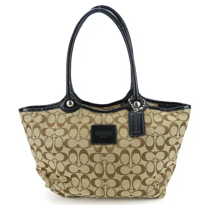 Pre-owned Coach Beige Black Canvas Patent Leather Tote Bag () In Multi