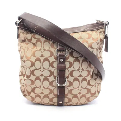 Pre-owned Coach Beige Brown Canvas Leather Handbag Shoulder Bag () In Beige, Brown