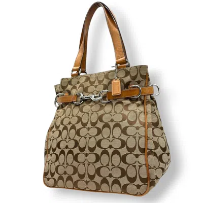 Pre-owned Coach Beige Brown Canvas Leather Handbag Tote Bag () In Multi