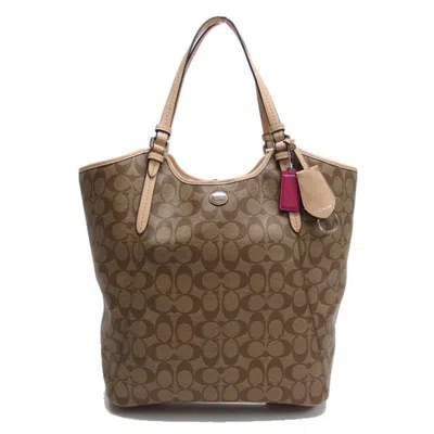 Pre-owned Coach Beige Brown Coated Canvas Leather Shoulder Bag Tote Bag () In Multi