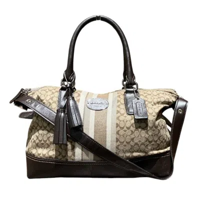 Pre-owned Coach Beige Brown Leather Canvas Handbag Shoulder Bag () In Beige, Brown