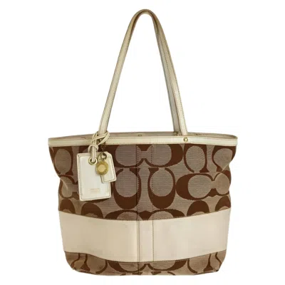 Pre-owned Coach Beige Brown White Canvas Leather Shoulder Bag Tote Bag ()