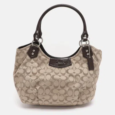 Pre-owned Coach Beige Canvas And Patent Leather Ashley Hobo In Sand