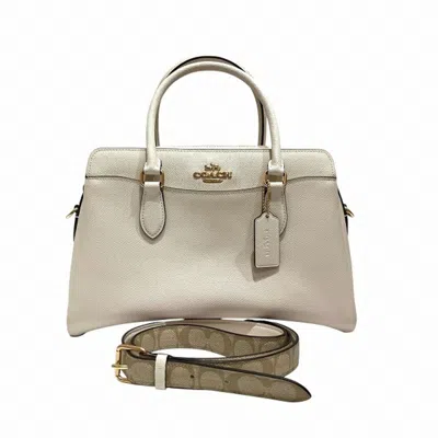Pre-owned Coach Beige Canvas Signature Line Leather Handbag Shoulder Bag () In Sand