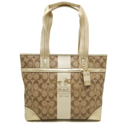 Pre-owned Coach Beige Coated Canvas Leather Tote Bag () In Sand