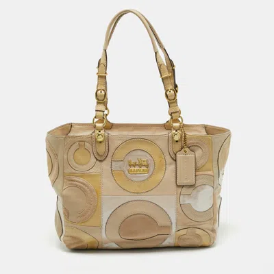 Pre-owned Coach Beige Mix Leather Mia Inlaid C Tote