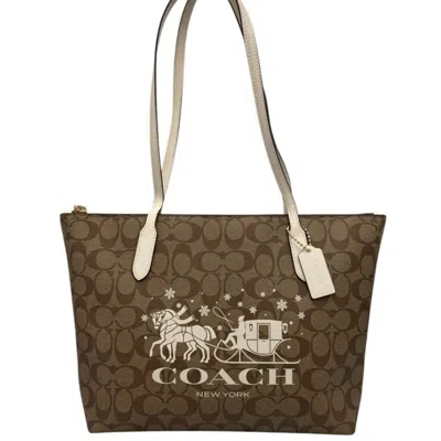 Pre-owned Coach Beige Off-white Signature Line Tote Bag () In Beige, Off-white