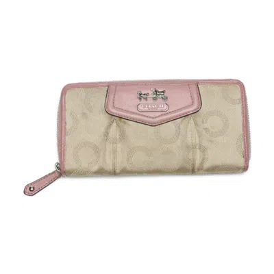 Pre-owned Coach Beige Pink Canvas Long Wallet (bi-fold) () In Beige, Pink
