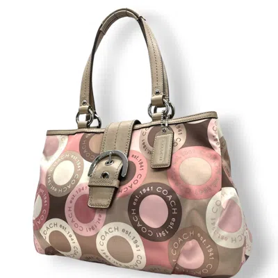 Pre-owned Coach Beige Pink Nylon Leather Tote Bag () In Multi