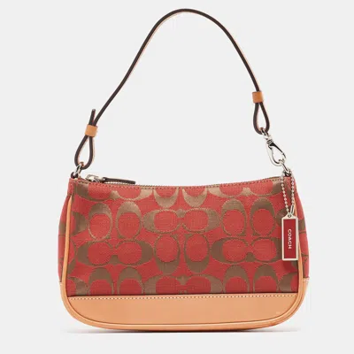 Coach /beige Signature Canvas And Leather Pochette Bag In Red