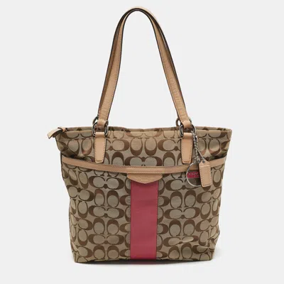 Pre-owned Coach Beige Signature Canvas And Leather Top Zip Tote