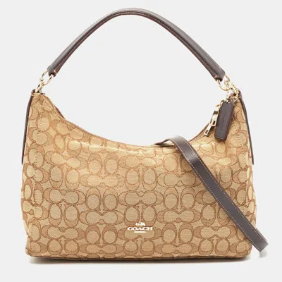 Pre-owned Coach Beige Signature Canvas East West Celeste Hobo