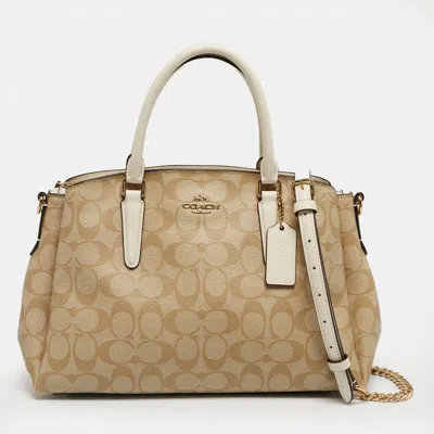 Pre-owned Coach Beige Signature Coated Canvas And Leather Sage Carryall Satchel In Sand