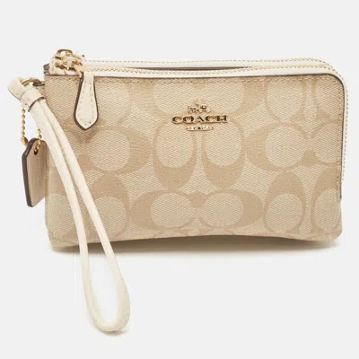 Pre-owned Coach Beige Signature Coated Canvas Double Corner Zip Wristlet Pouch