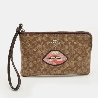 Coach Beige Signature Coated Canvas Lip Corner Wristlet Pouch In Brown