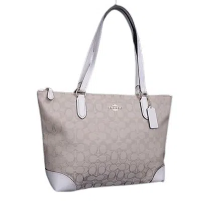 Pre-owned Coach Beige White Canvas Leather Handbag Shoulder Bag Tote Bag () In Multi